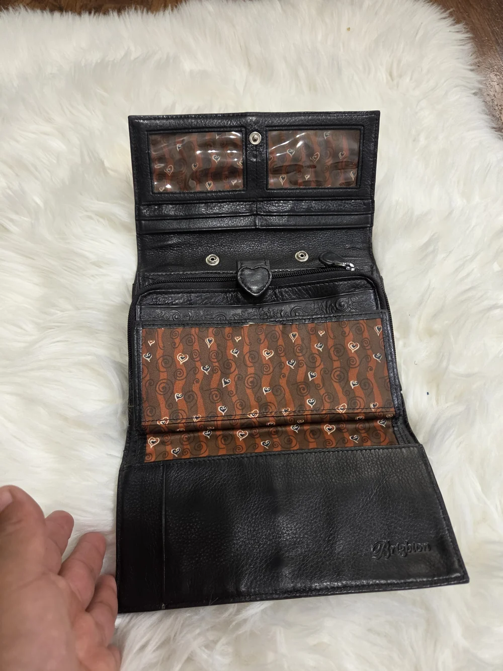 VTG Brighton Leather Black Brown Trifold Wallet Braided Leather Details Hearts